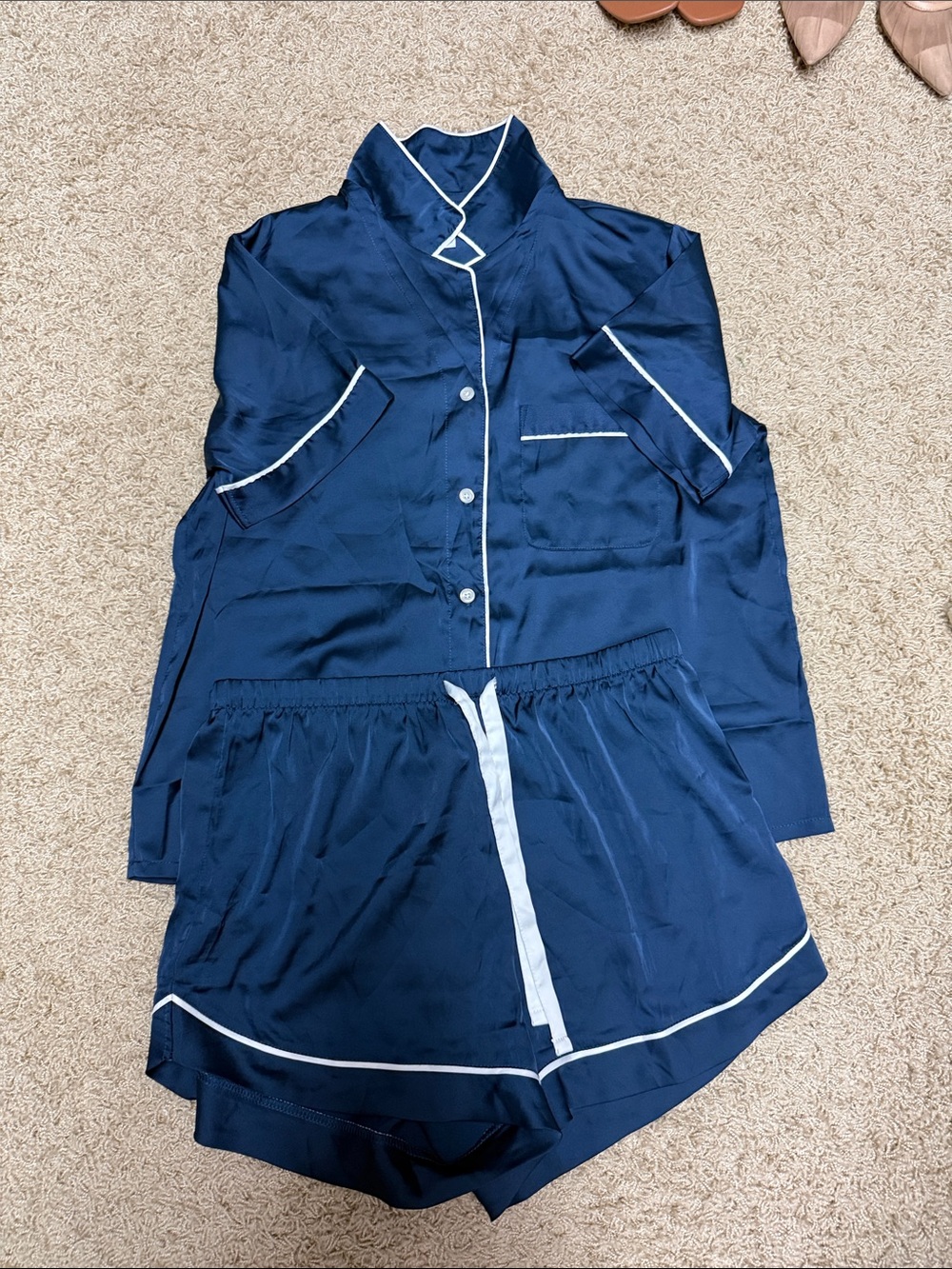 stars above Navy Blue Satin Pajama Set with White Piping